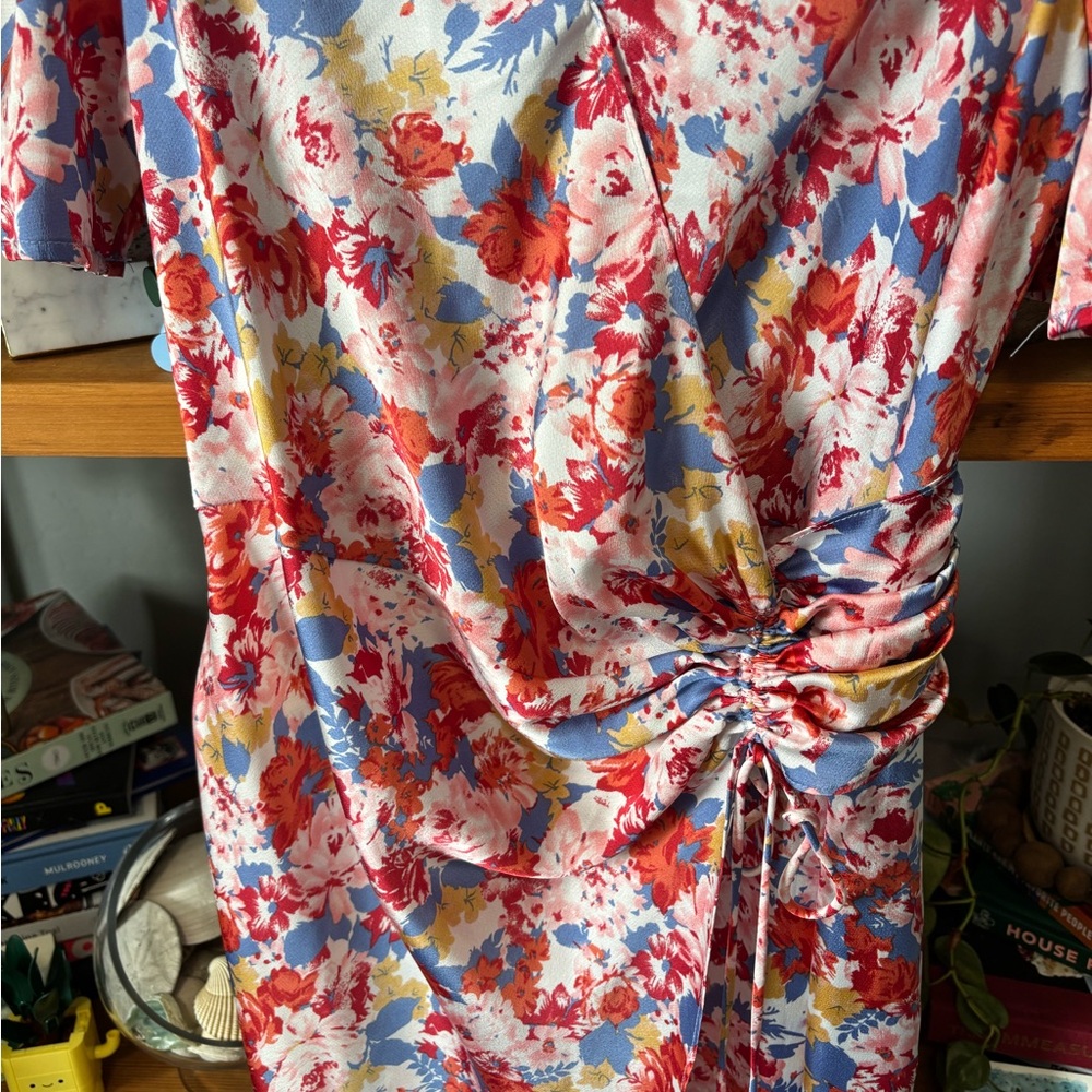 Floret Studios Floral Satin Faux Wrap Midi Dress | Medium - Picture 5 of 7